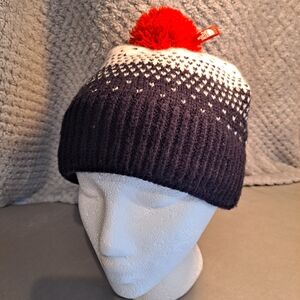 Northface Youth Navy and White Knit Beanie with Red Pom